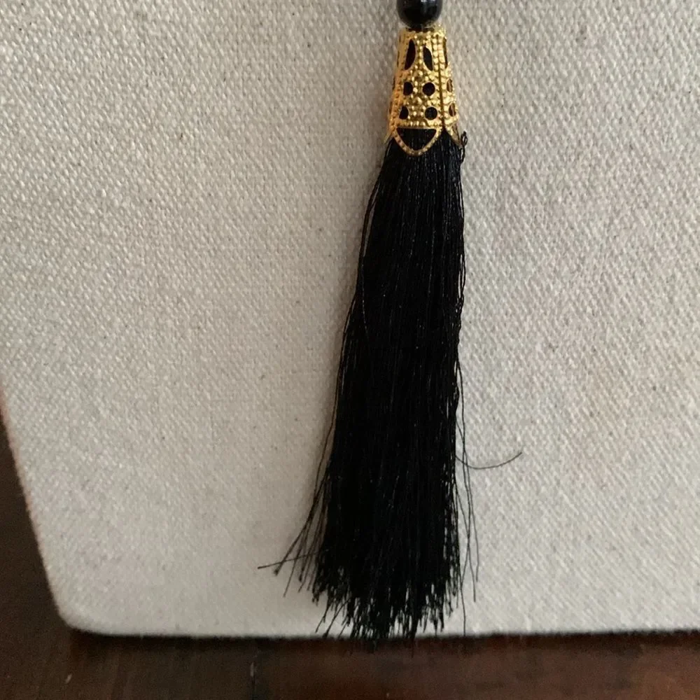 Black Bead Gold Tone Tassel Necklace Long Art Deco Flapper Style